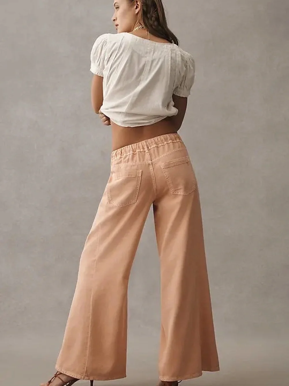 Pilcro Adi Pull On Wide Leg Mid Rise Drawstring Pants in Peach Medium